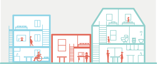 Image de trois bâtiments résidentiels comportant des logements de taille diverse et adaptés à différentes réalités.