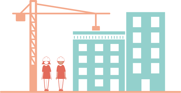Image de logements en construction avec des femmes sur le chantier.