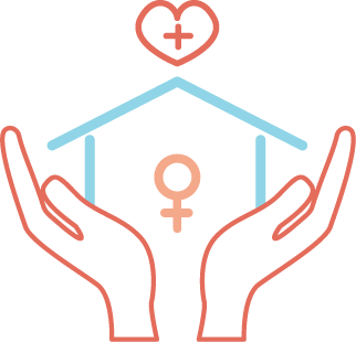 Image d'une maison soutenue par deux mains ayant un centre le signe de femme et au dessus un coeur.
