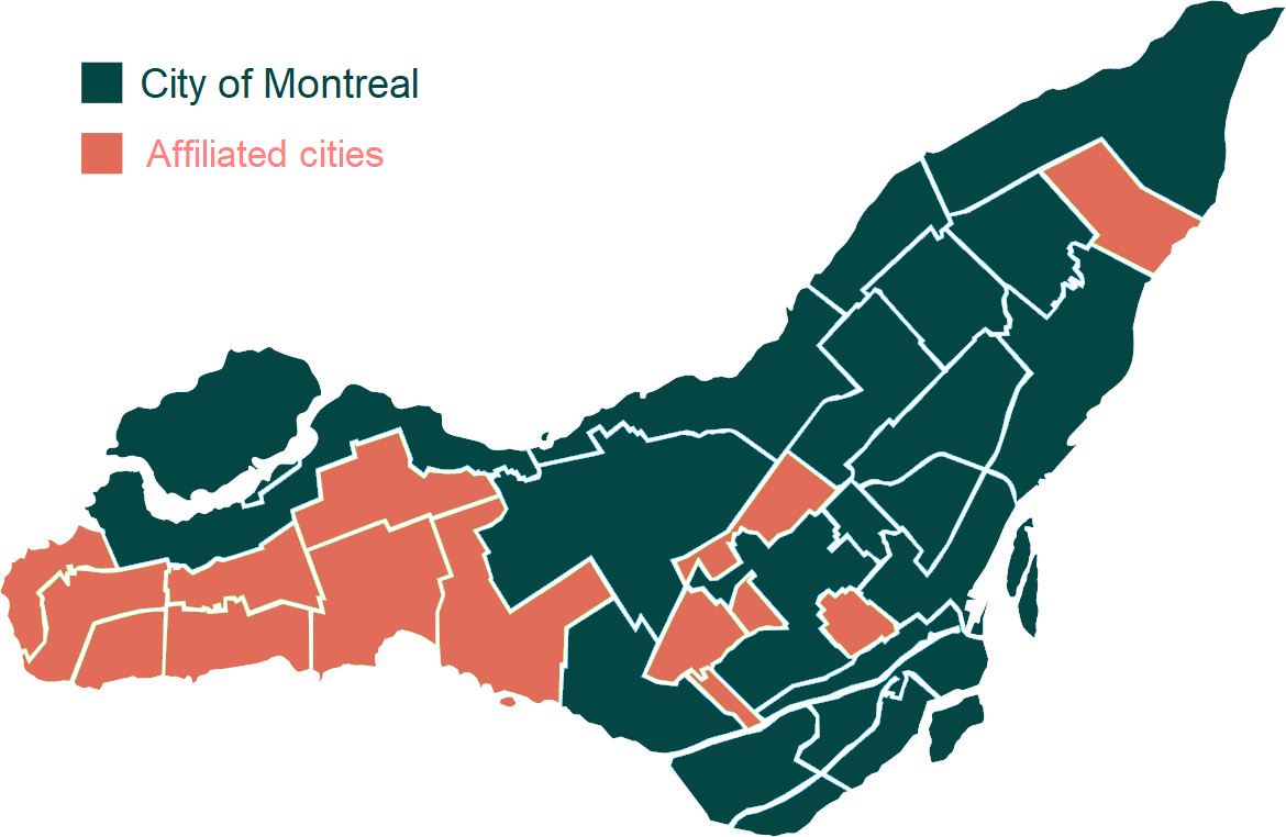 The figure shows the map of the island of Montreal. The area in green is the City of Montréal, which is made up of 19 boroughs. The area in pink is the 15 related cities.