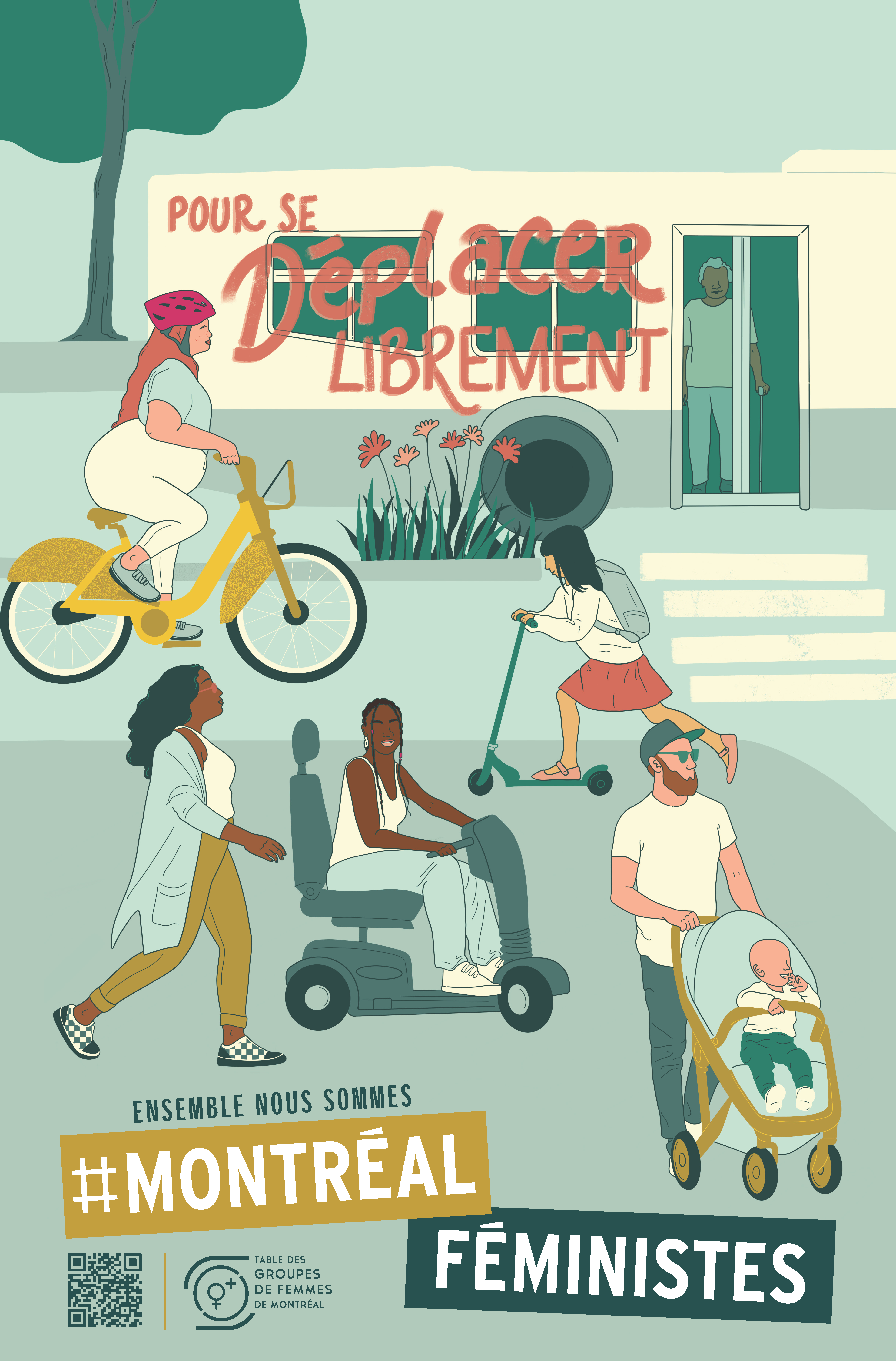 L’affiche montre plusieurs personnes en mouvement avec différents moyens de transport. Il y a une femme plus corpulente à vélo, une personne avec une cane qui sort de l’autobus, une femme noire à pied, une jeune fille d’origine asiatique à trottinette, une jeune femme noire en fauteuil motorisé et un homme qui a une poussette.  