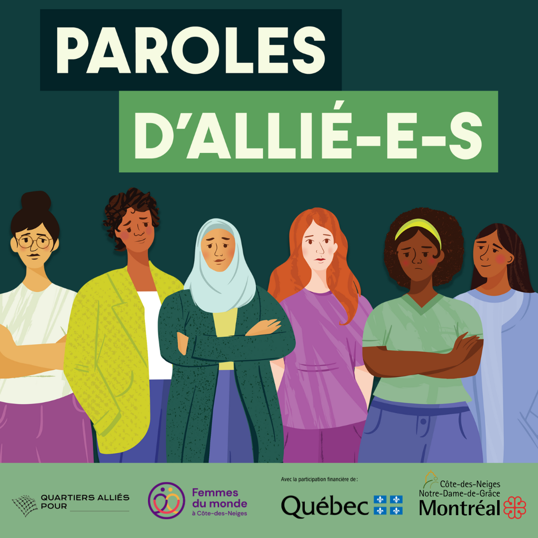Paroles d'Allié-e-s: on y voit une série de femmes. L'une d'elle porte un voile et leur peaux ont des couleurs différentes.